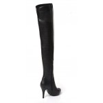 Black Stretchy PU Thigh High Round Head Stiletto High Heels Long Boots Shoes
